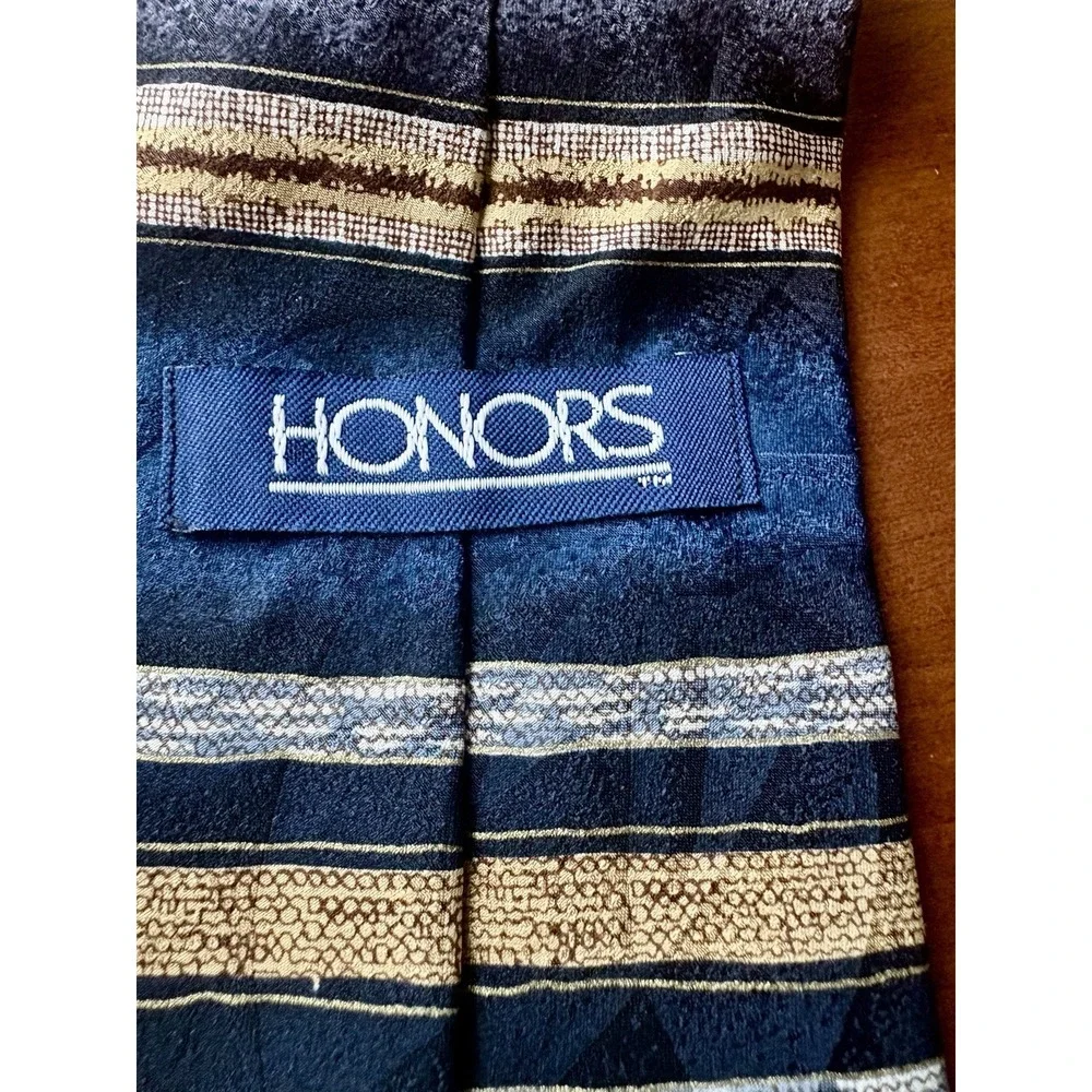 Vintage Honors Men's Tie Blue Gold Gray Abstract Striped Woven Silk 90s Retro